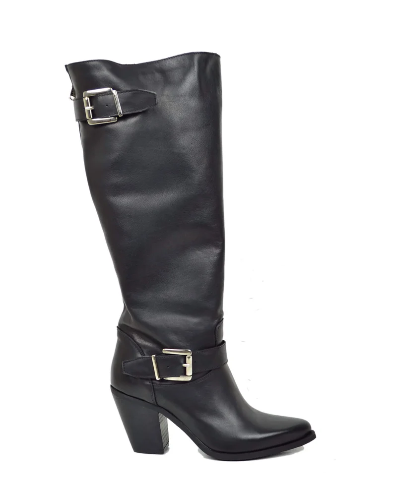Stivali Texani Alti Neri con Fibbia in Pelle Made in Italy Gambale Largo