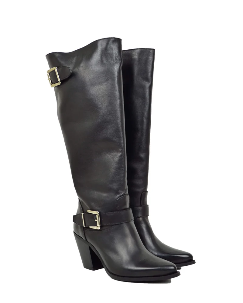 Stivali Texani Alti Neri con Fibbia in Pelle Made in Italy Gambale Largo
