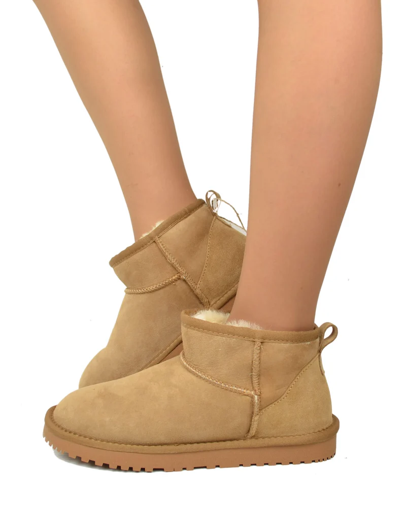 Stivaletti Donna con Pelo in Vero Montone Mini Boots Camel