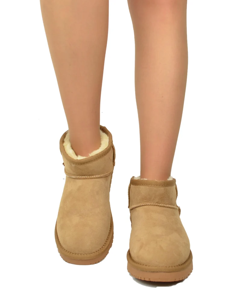 Stivaletti Donna con Pelo in Vero Montone Mini Boots Camel