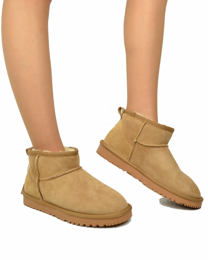 Stivaletti Donna con Pelo in Vero Montone Mini Boots Camel