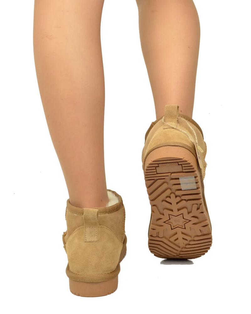 Stivaletti Donna con Pelo in Vero Montone Mini Boots Camel