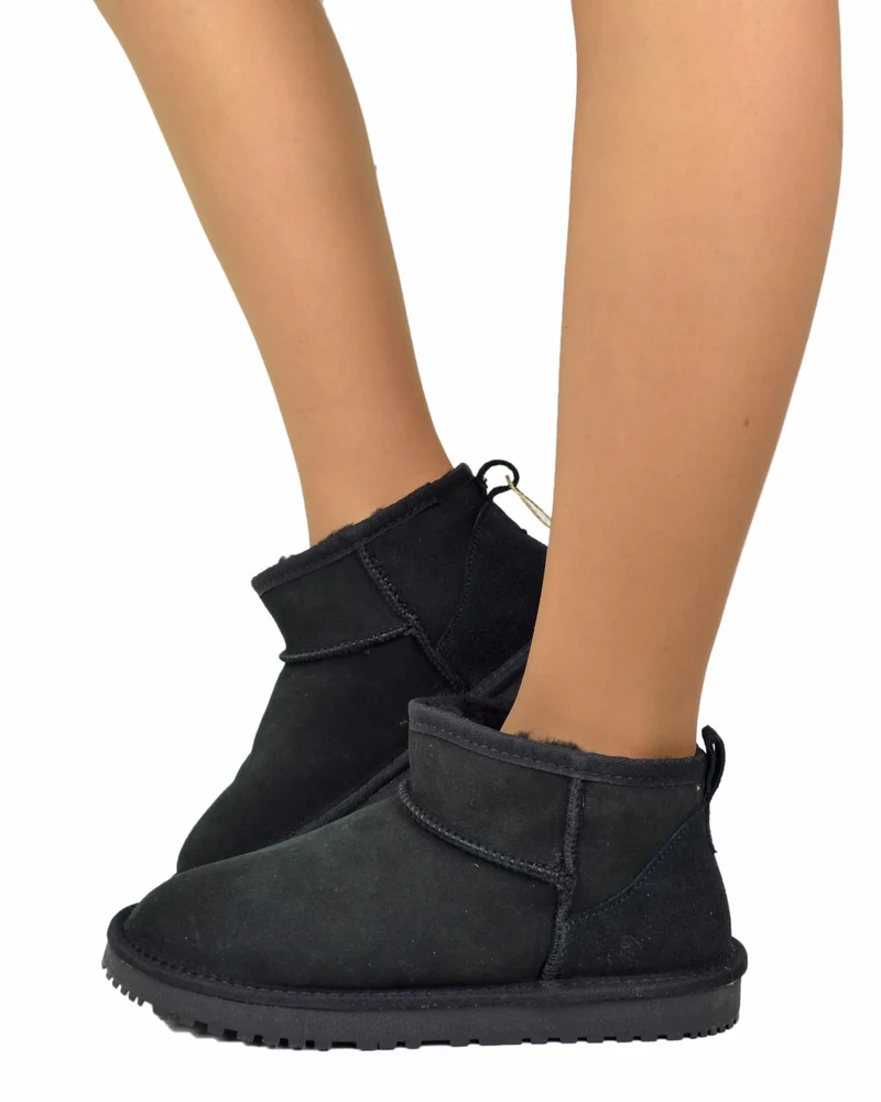 Stivaletti Donna con Pelo in Vero Montone Mini Boots Total Black