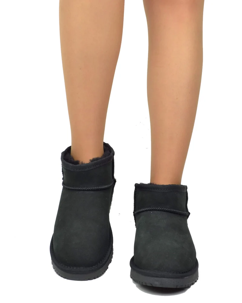 Stivaletti Donna con Pelo in Vero Montone Mini Boots Total Black