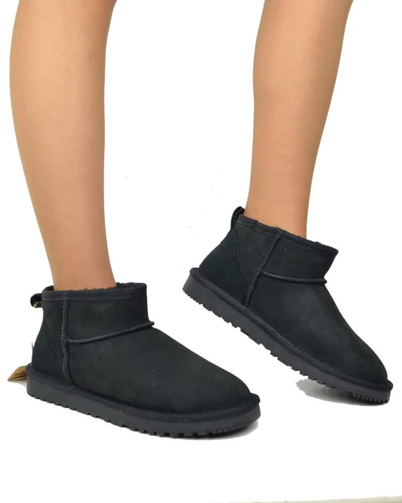 Stivaletti Donna con Pelo in Vero Montone Mini Boots Total Black