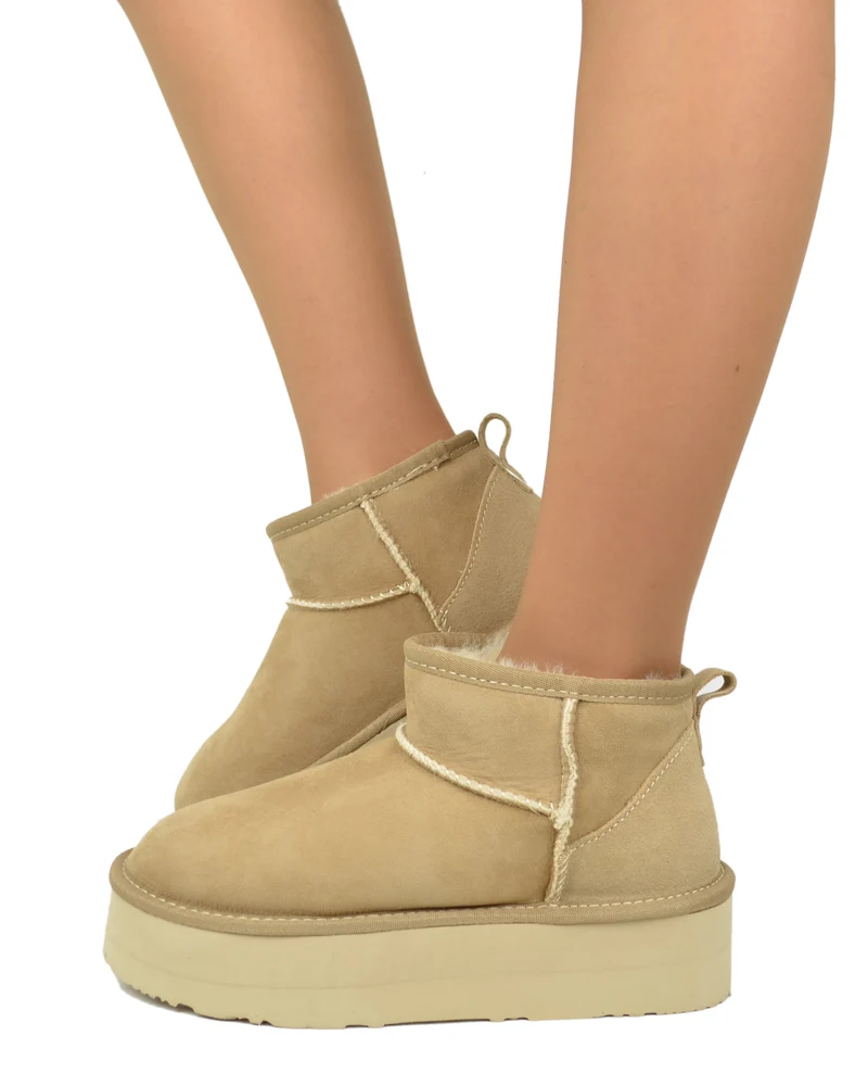 Stivali con Pelo in Vero Montone Platform Boots Beige