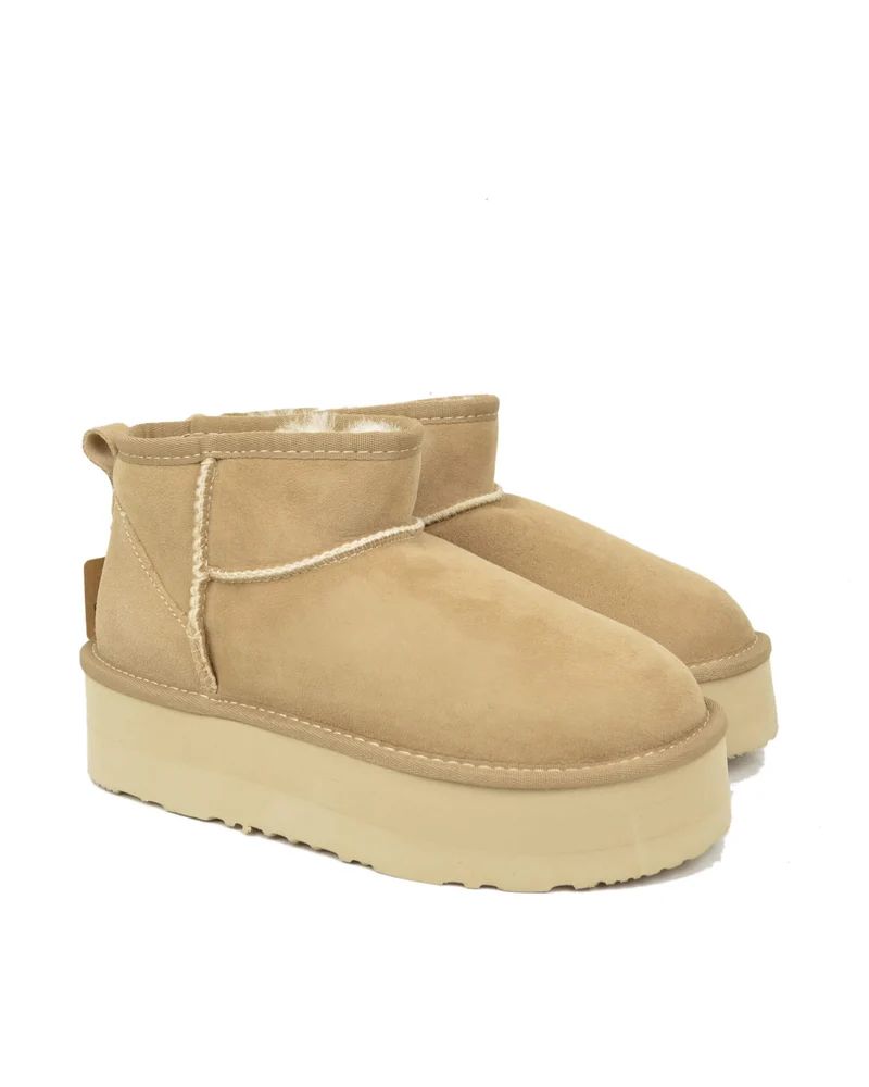 Stivali con Pelo in Vero Montone Platform Boots Beige