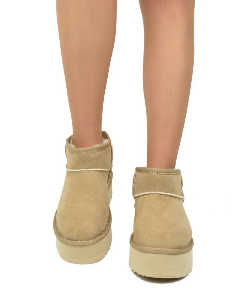 Stivali con Pelo in Vero Montone Platform Boots Beige