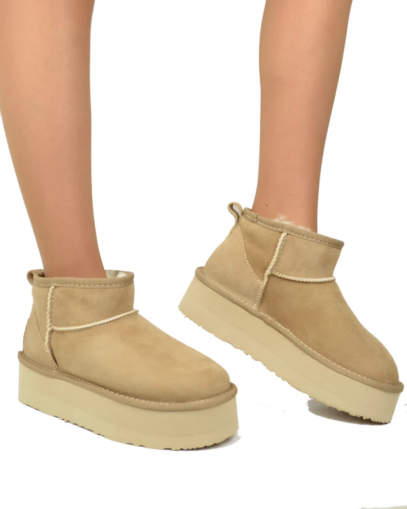 Stivali con Pelo in Vero Montone Platform Boots Beige