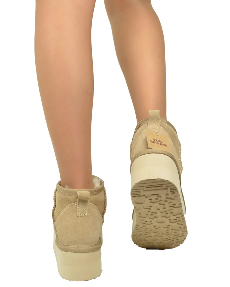 Stivali con Pelo in Vero Montone Platform Boots Beige