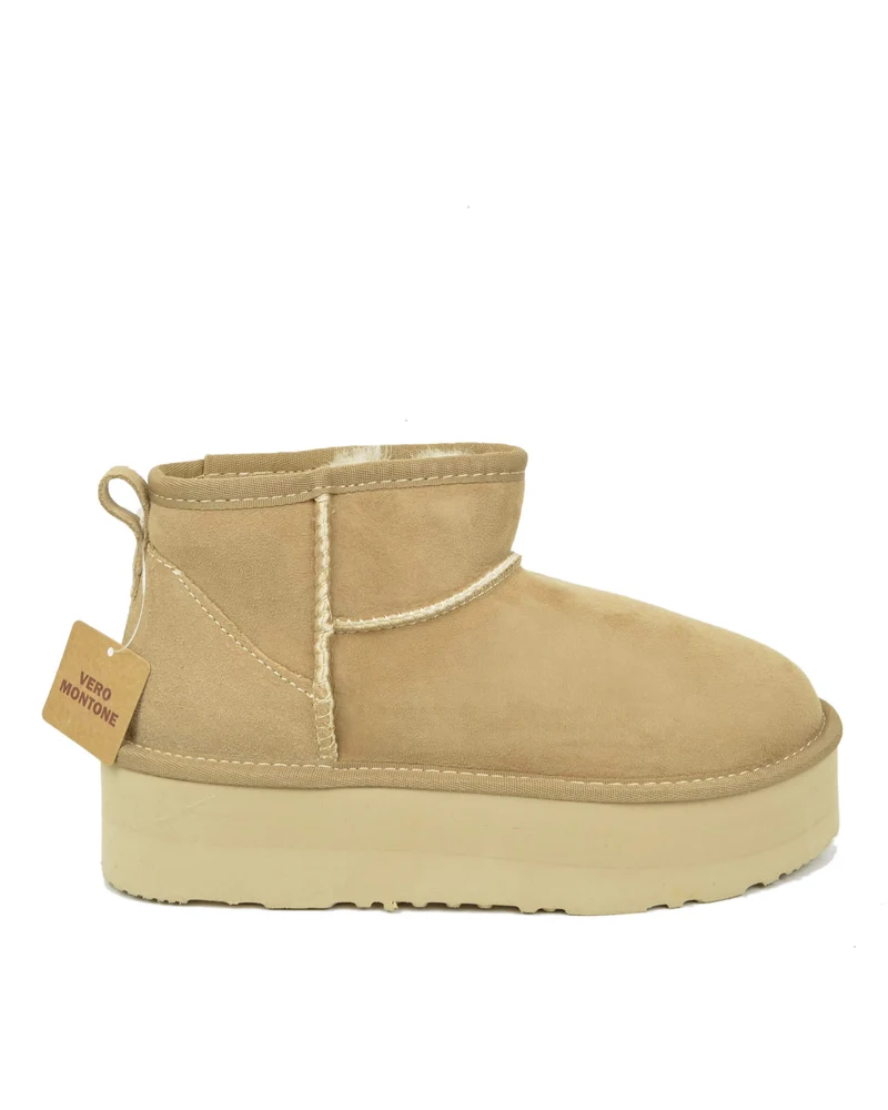 Stivali con Pelo in Vero Montone Platform Boots Beige