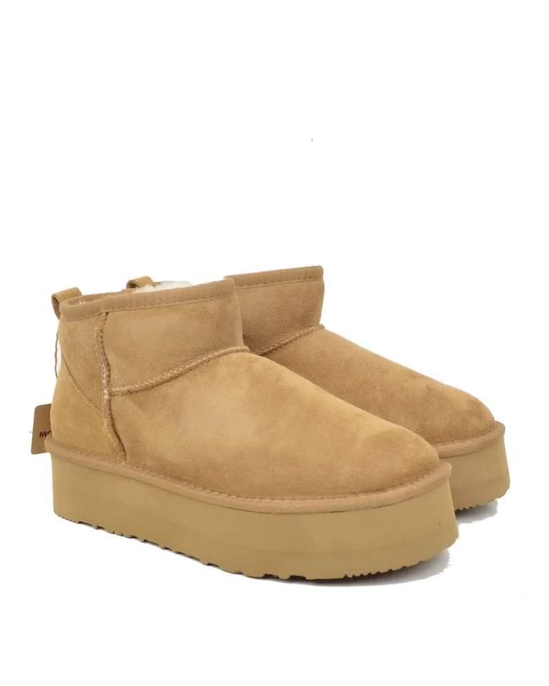 Stivali con Pelo in Vero Montone Platform Boots Camel