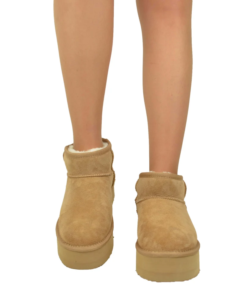 Stivali con Pelo in Vero Montone Platform Boots Camel