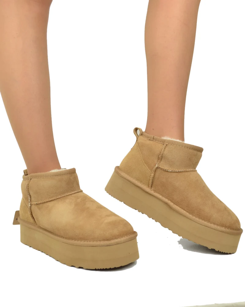 Stivali con Pelo in Vero Montone Platform Boots Camel