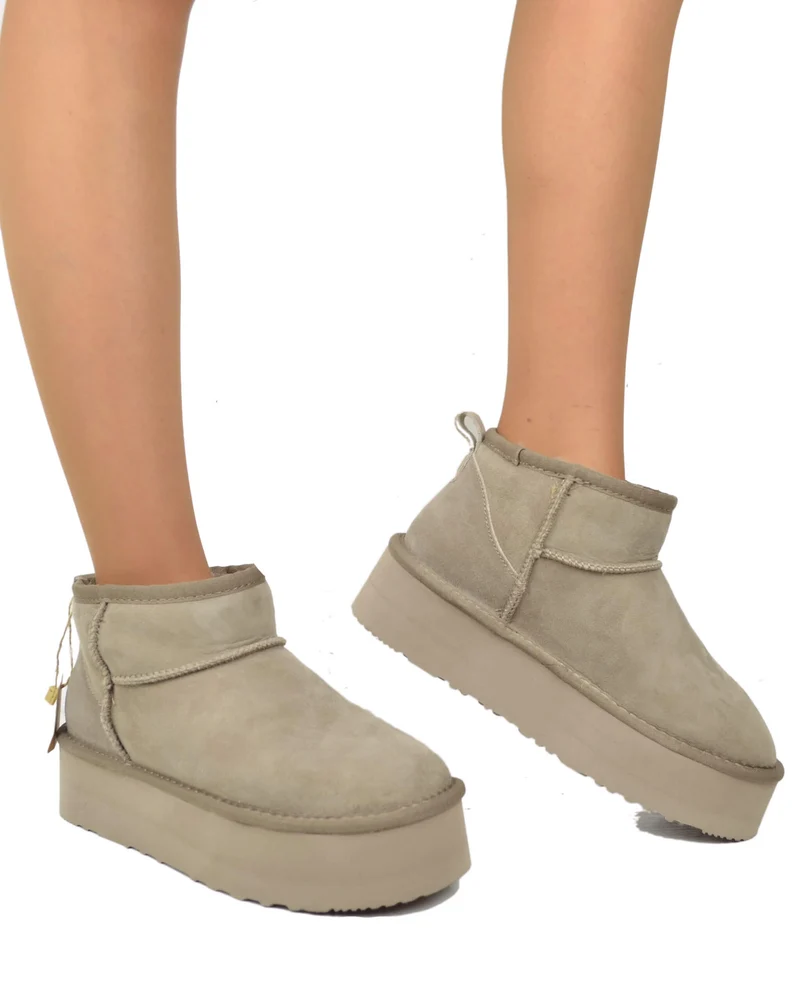 Stivali con Pelo in Vero Montone Platform Boots Taupe