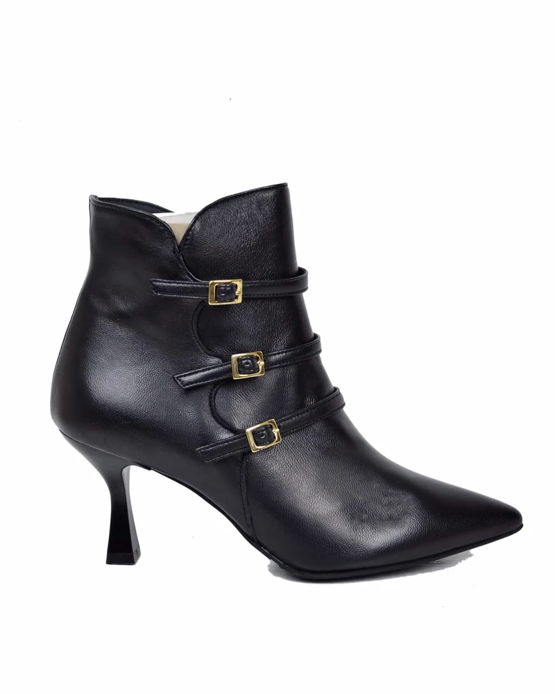Stivaletti Donna con Fibbie e Zip Neri in Pelle e Tacco a Rocchetto