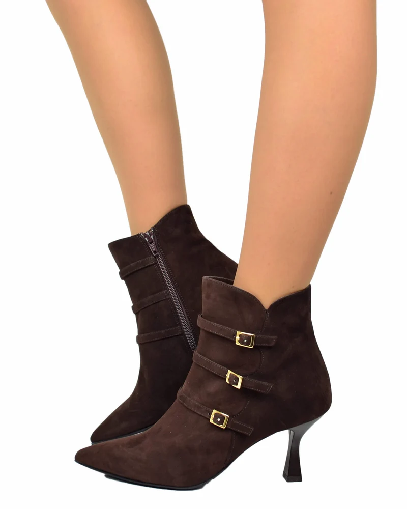 Stivaletti Donna con Fibbie e Zip in Pelle Scamosciata Marrone tacco a spillo Eleganti
