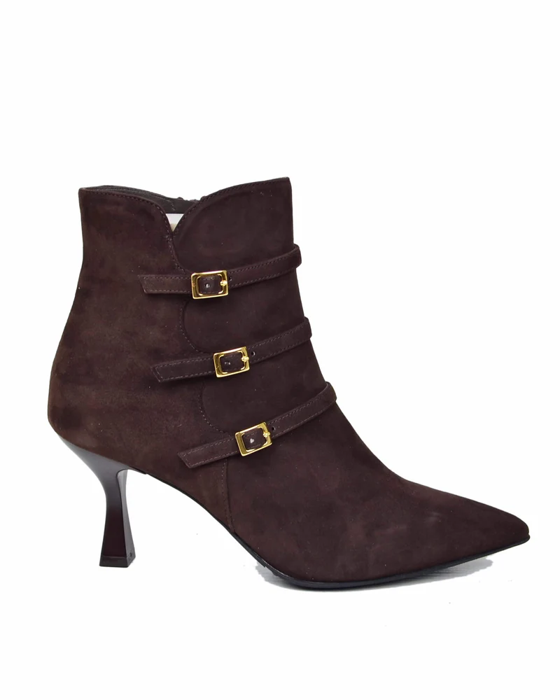 Stivaletti Donna con Fibbie e Zip in Pelle Scamosciata Marrone tacco a spillo Eleganti
