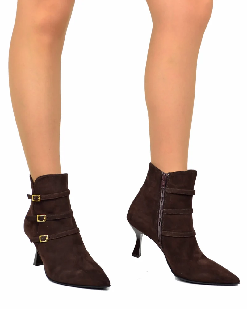 Stivaletti Donna con Fibbie e Zip in Pelle Scamosciata Marrone tacco a spillo Eleganti