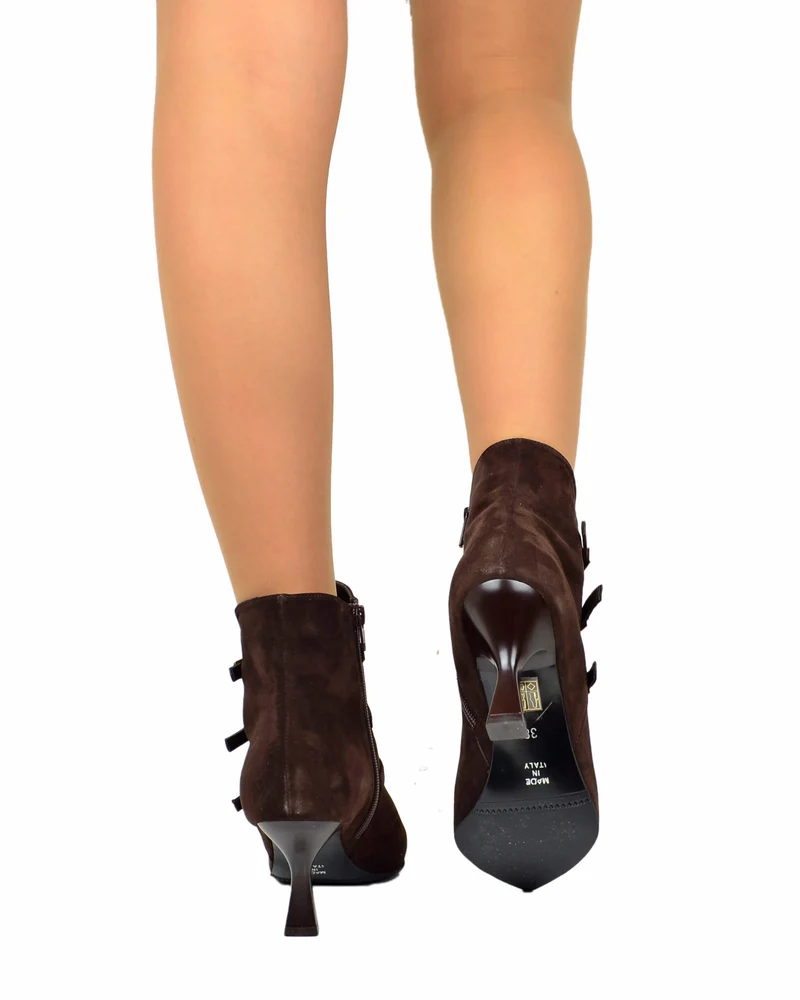 Stivaletti Donna con Fibbie e Zip in Pelle Scamosciata Marrone tacco a spillo Eleganti