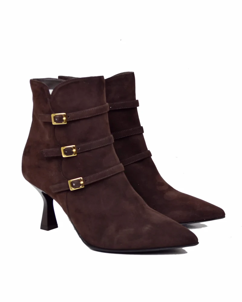 Stivaletti Donna con Fibbie e Zip in Pelle Scamosciata Marrone tacco a spillo Eleganti