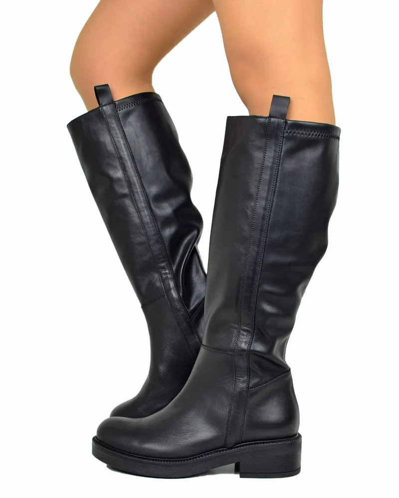 Stivali Camperos Biker Stivali Gambale Largo XL Pelle Elasticizzati Neri