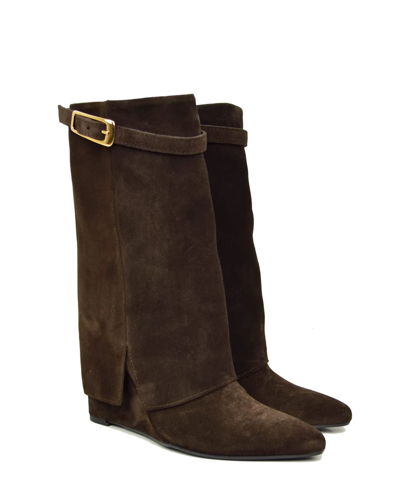 Stivaletti con Ghetta e Fibbia Dorata Zeppa Alta 9 Cm in Pelle Scamosciata Marrone