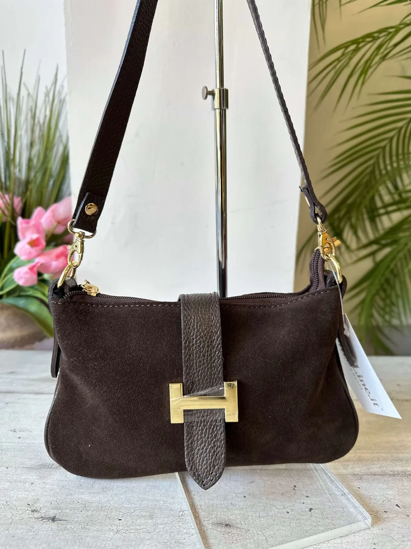 Borsetta a Spalla con Accessorio Dorato Pelle e Camoscio Marrone GIULIETTA