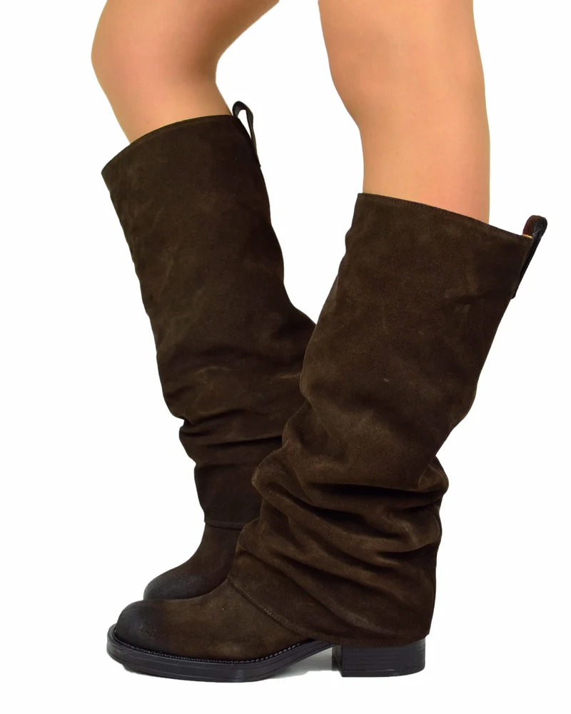 Stivali Biker con Ghetta Punta Quadrata Pelle Scamosciata Marrone