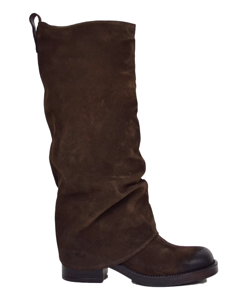 Stivali Biker con Ghetta Punta Quadrata Pelle Scamosciata Marrone