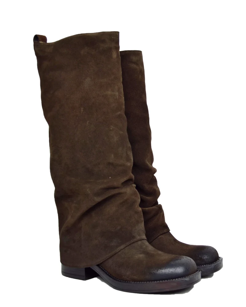 Stivali Biker con Ghetta Punta Quadrata Pelle Scamosciata Marrone