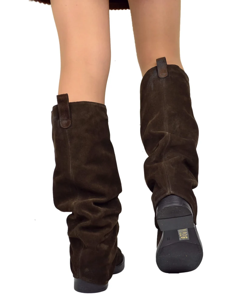 Stivali Biker con Ghetta Punta Quadrata Pelle Scamosciata Marrone