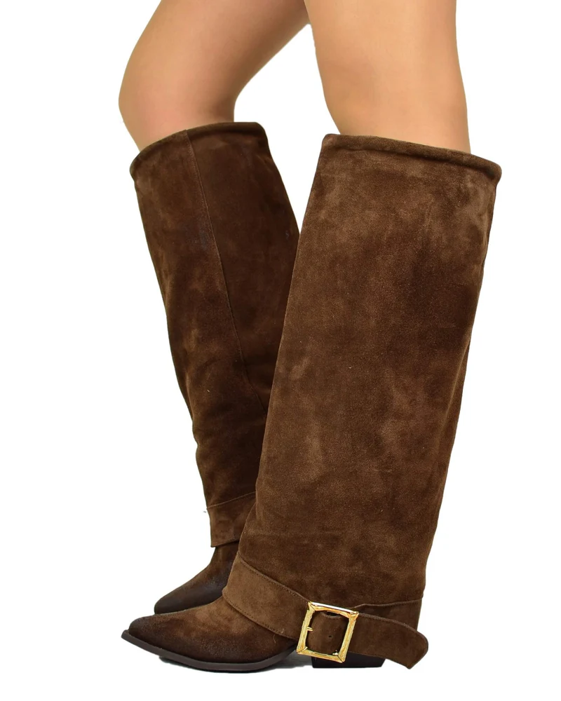 Stivali Texani Alti Overknee Scamosciati Marrone con Fibbia Made in Italy