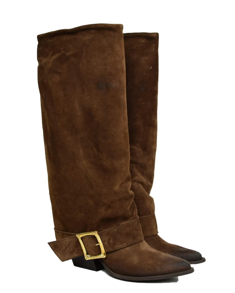 Stivali Texani Alti Overknee Scamosciati Marrone con Fibbia Made in Italy
