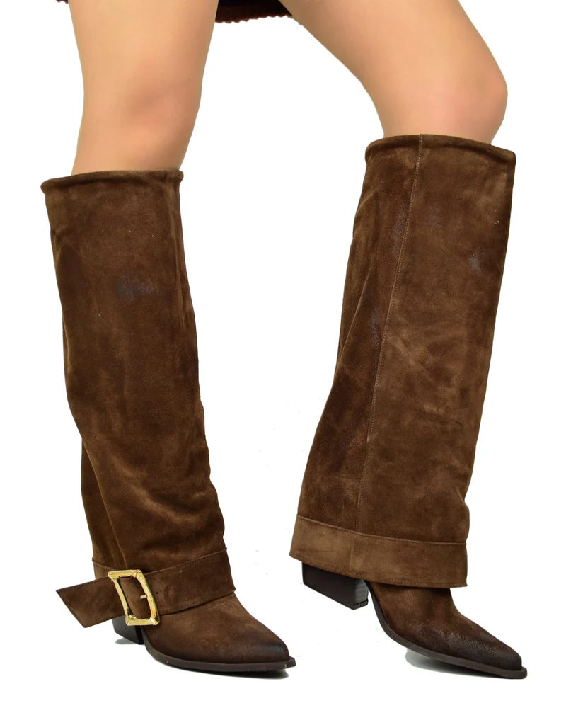 Stivali Texani Alti Overknee Scamosciati Marrone con Fibbia Made in Italy
