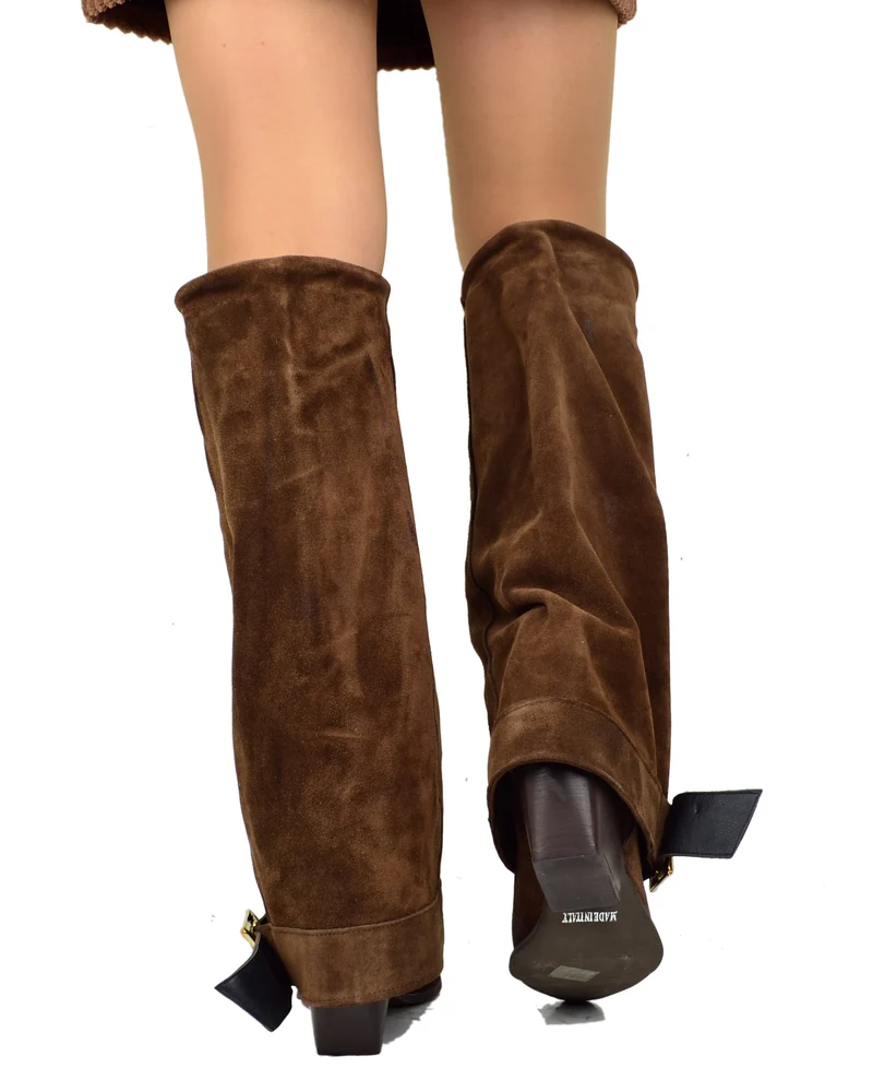 Stivali Texani Alti Overknee Scamosciati Marrone con Fibbia Made in Italy