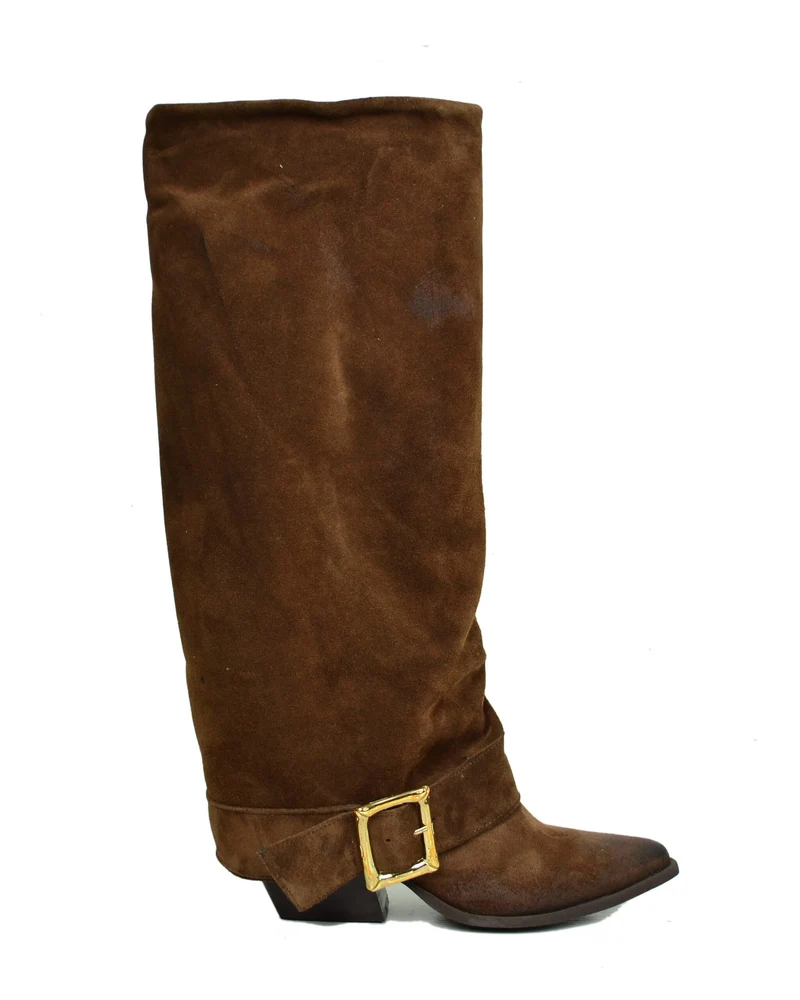 Stivali Texani Alti Overknee Scamosciati Marrone con Fibbia Made in Italy