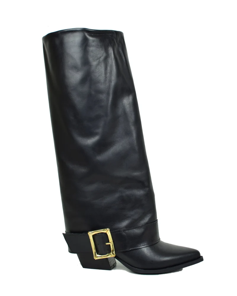 Stivali Texani Alti Overknee in Pelle Neri con Fibbia Made in Italy