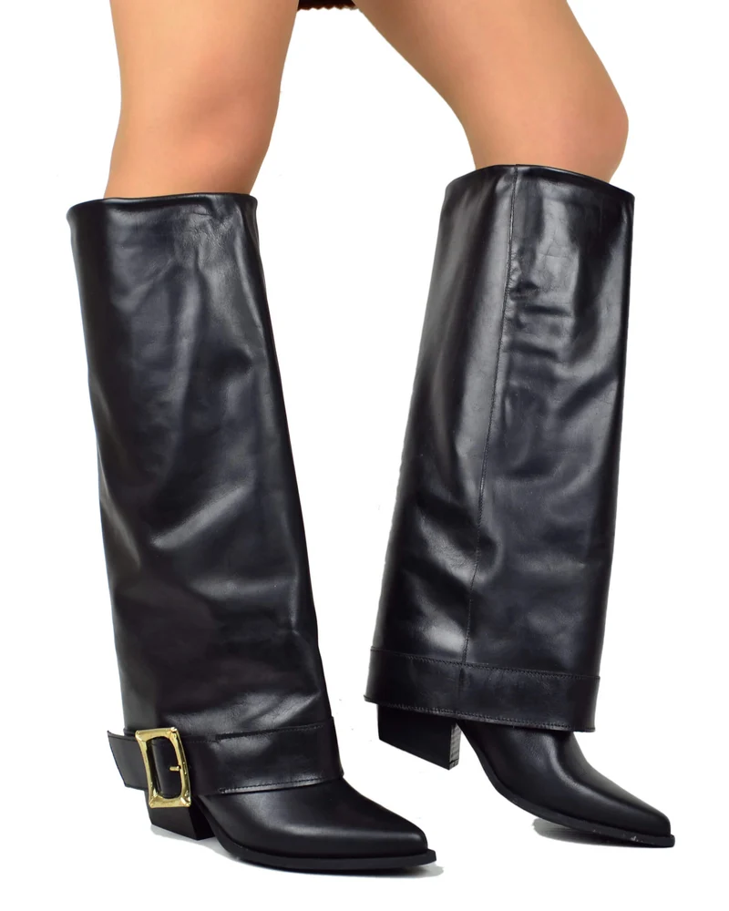 Stivali Texani Alti Overknee in Pelle Neri con Fibbia Made in Italy