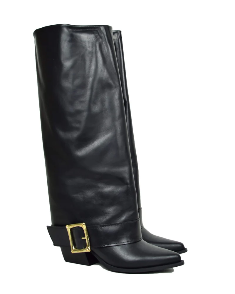 Stivali Texani Alti Overknee in Pelle Neri con Fibbia Made in Italy