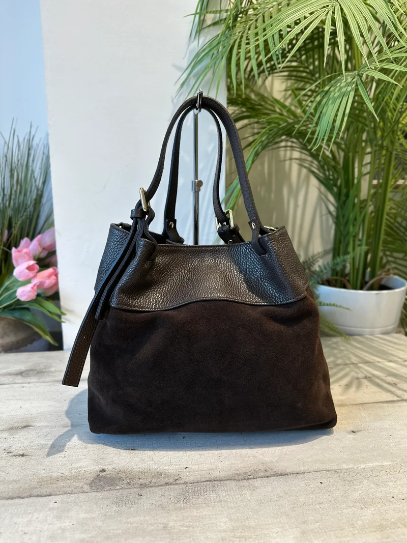 Borsa a Secchiello Pelle Scamosciata e Vera Pelle Marrone Cioccolato Fondente RICCIO