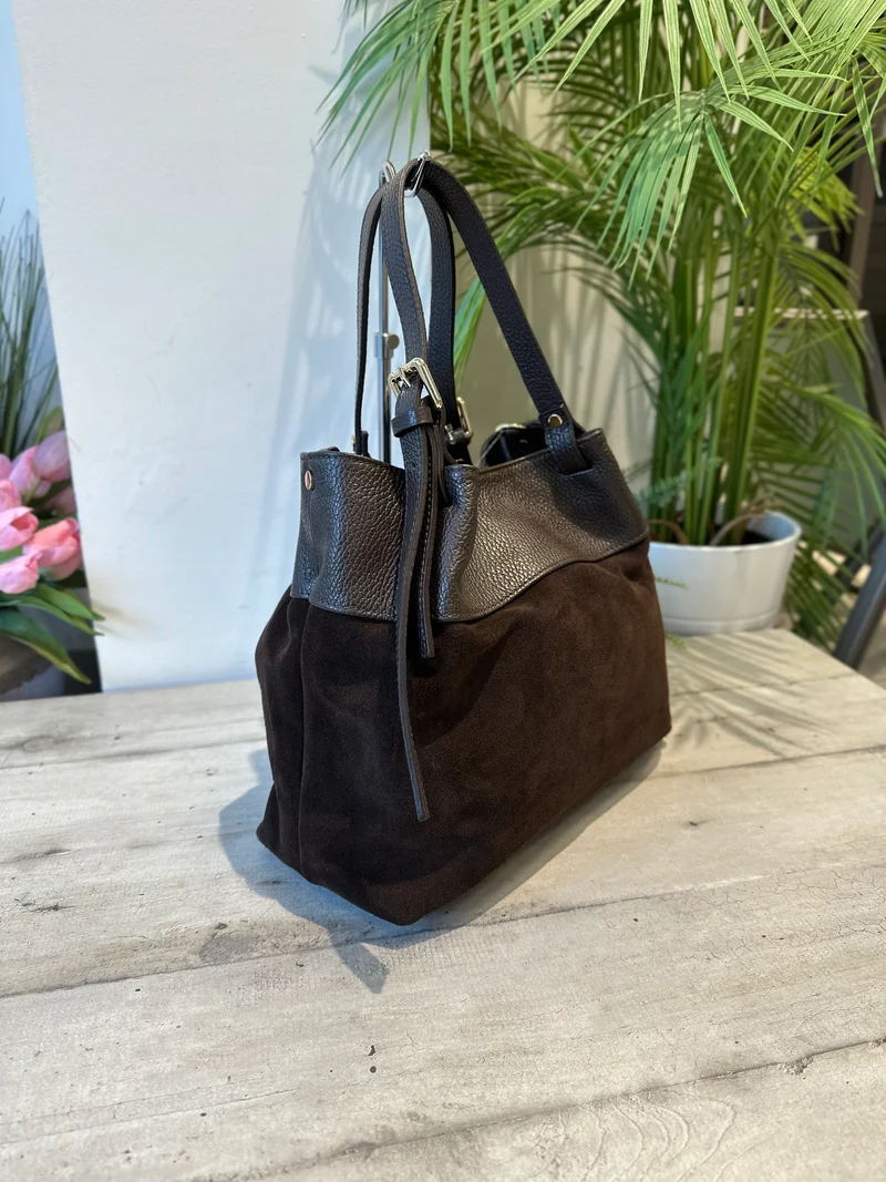 Borsa a Secchiello Pelle Scamosciata e Vera Pelle Marrone Cioccolato Fondente RICCIO