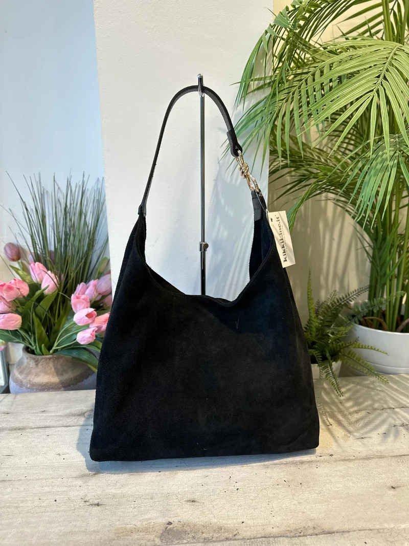 Borsa a Spalla a Sacca in Vera Pelle scamosciata Bagus Nera