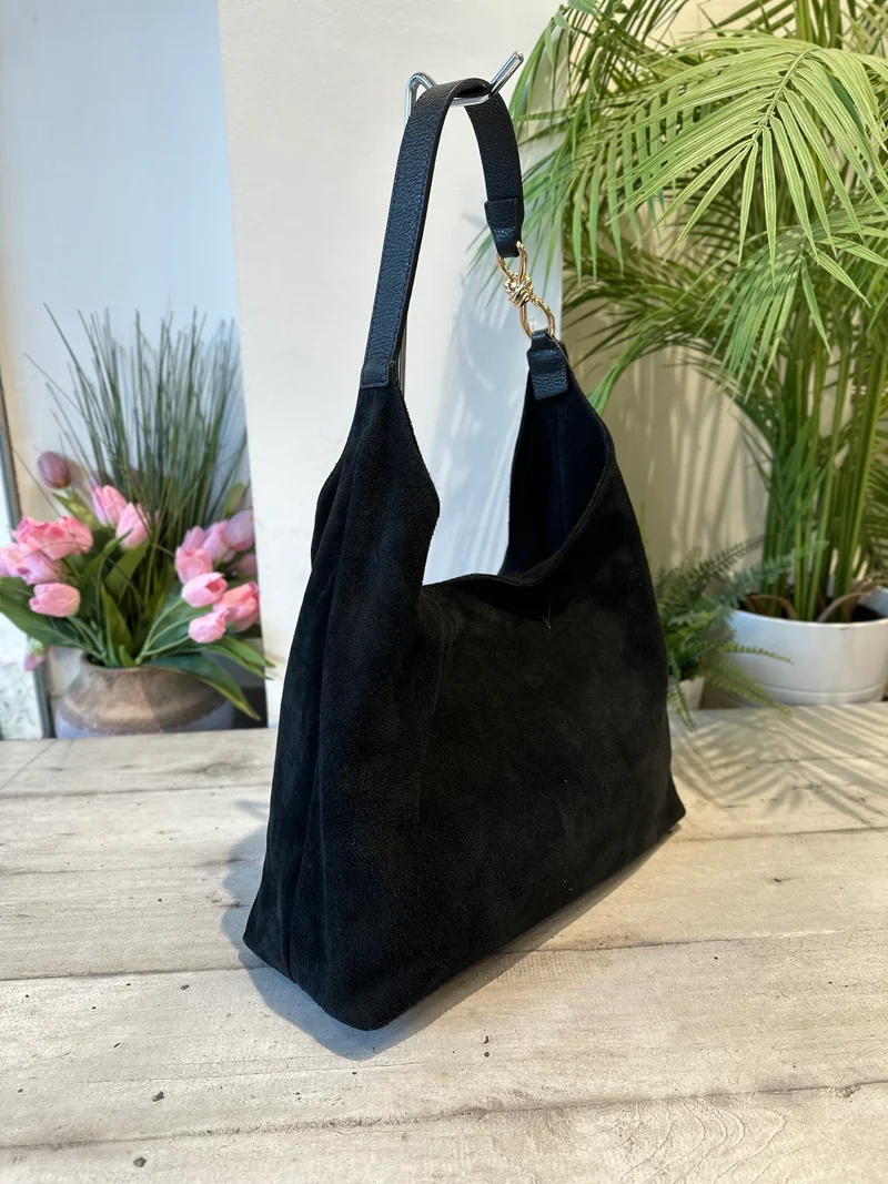 Borsa a Spalla a Sacca in Vera Pelle scamosciata Bagus Nera