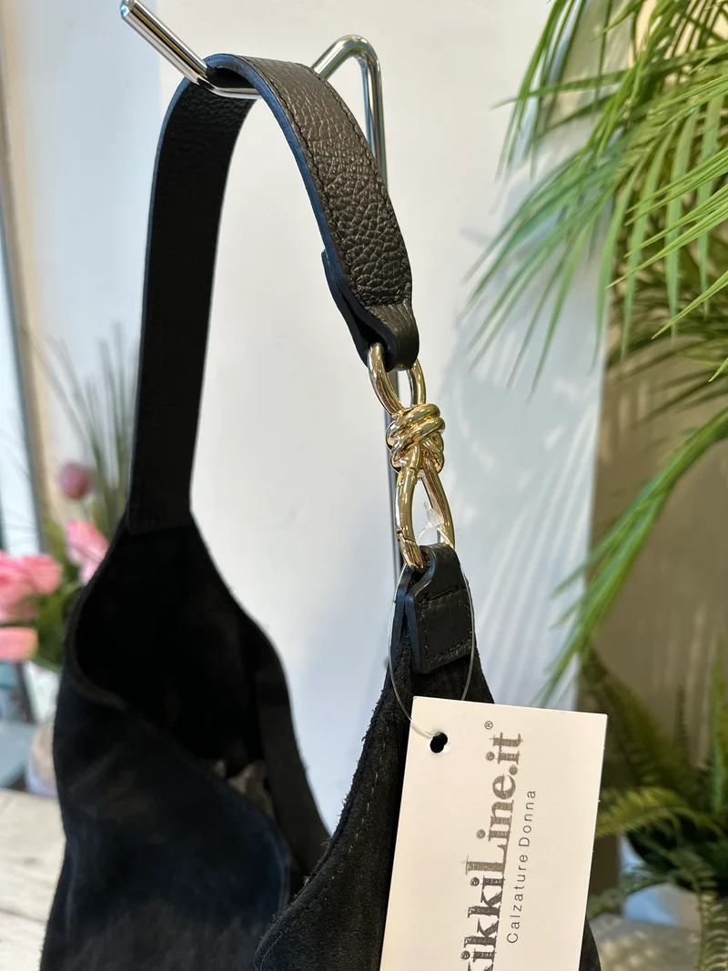 Borsa a Spalla a Sacca in Vera Pelle scamosciata Bagus Nera