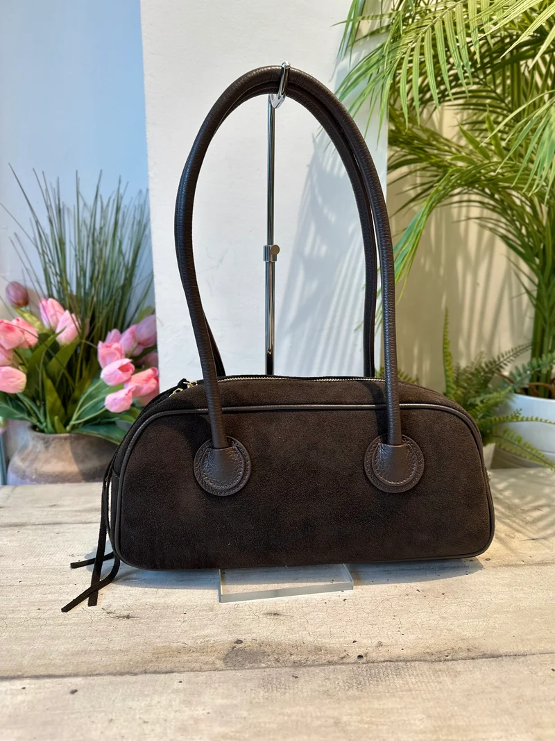 Borsa con forma a Baguette Lunga Pelle Scamosciata Marrone