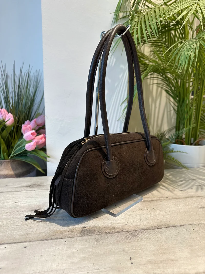 Borsa con forma a Baguette Lunga Pelle Scamosciata Marrone