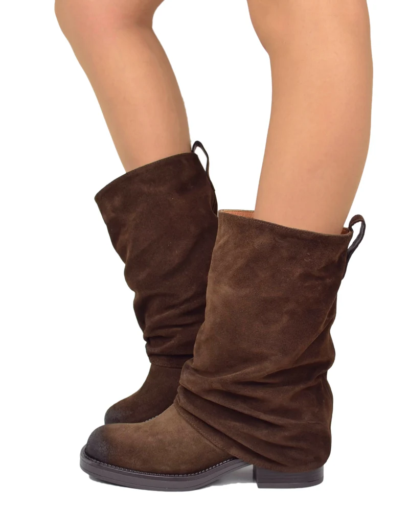Biker con Ghetta Punta Quadrata Mid-High Pelle Scamosciata Testa di Moro