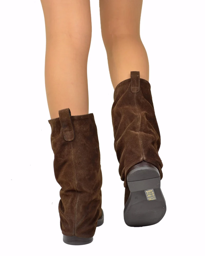 Biker con Ghetta Punta Quadrata Mid-High Pelle Scamosciata Testa di Moro