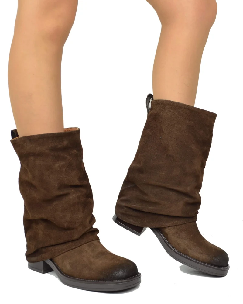 Biker con Ghetta Punta Quadrata Mid-High Pelle Scamosciata Testa di Moro